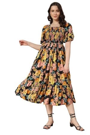 Women Floral Printed Puff Sleeve Crepe Drop-Waist Midi Dress