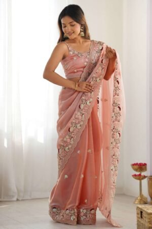 Women’s Peach Pink Silk Saree with Golden Border