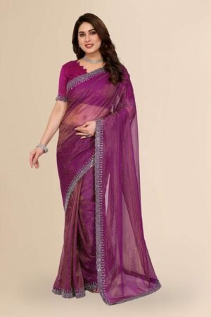 Wine Purple Shimmer Saree for Women – Soft Net Glitter Saree with Elegant Drape