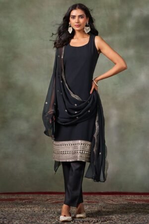 Black Embellished Kurta Set for Women – Sleeveless Kurti with Dupatta & Straight Pants