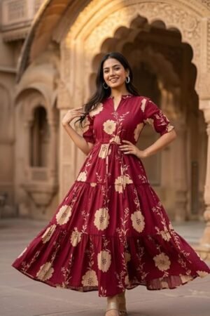 Elegant Maroon Floral Maxi Dress for Women | Flowy Ethnic-Inspired Casual Wear