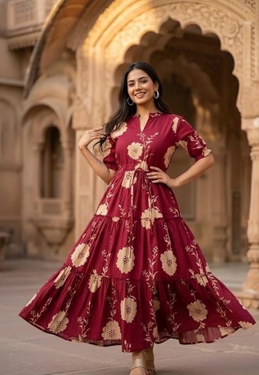 Elegant Maroon Floral Maxi Dress for Women | Flowy Ethnic-Inspired Casual Wear