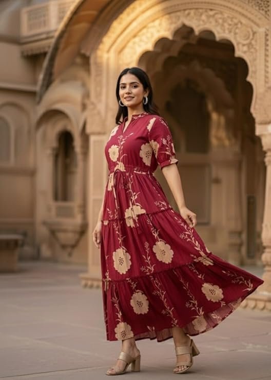 Elegant Maroon Floral Maxi Dress for Women | Flowy Ethnic-Inspired Casual Wear - Image 2