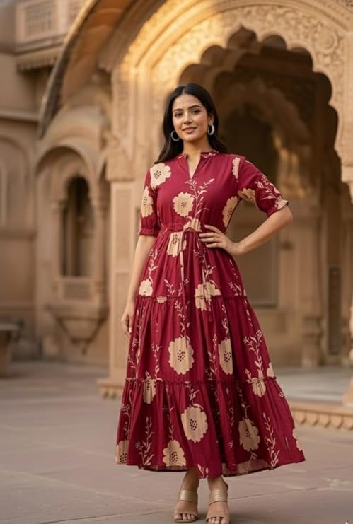 Elegant Maroon Floral Maxi Dress for Women | Flowy Ethnic-Inspired Casual Wear - Image 3