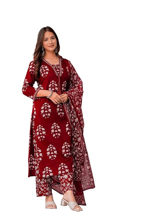 Women Pure Cotton Printed Straight Kurta Set with Palazzo Pants Dupatta