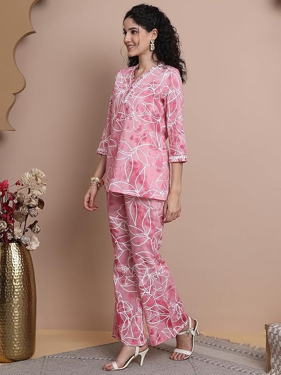 Women’s Floral Printed Top with Pink Straight Pants | Stylish Casual Co-Ord Set for Women - Image 4