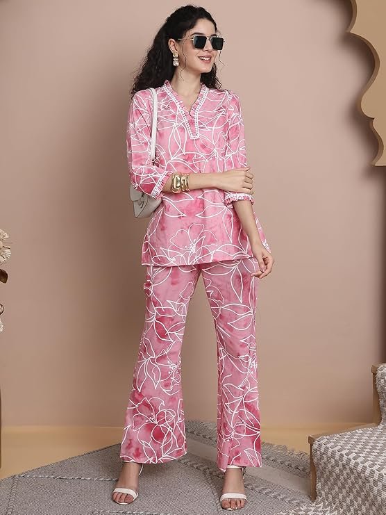 Women’s Floral Printed Top with Pink Straight Pants | Stylish Casual Co-Ord Set for Women - Image 2