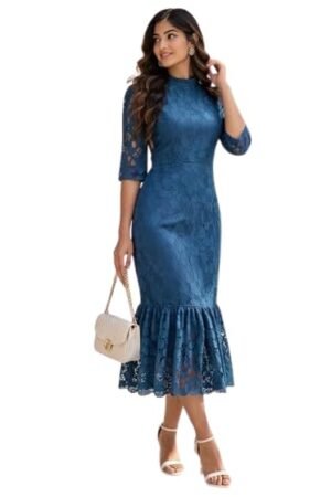 Blue Lace Bodycon Midi Dress for Women
