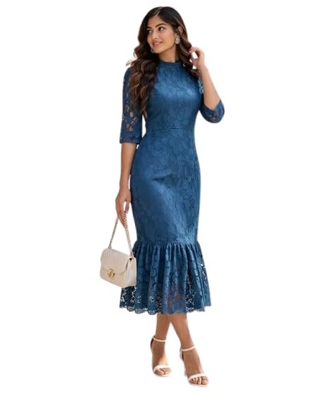 Blue Lace Bodycon Midi Dress for Women