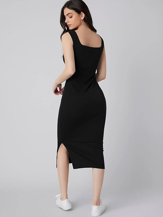 Black Square Neck Bodycon Midi Dress for Women - Image 4