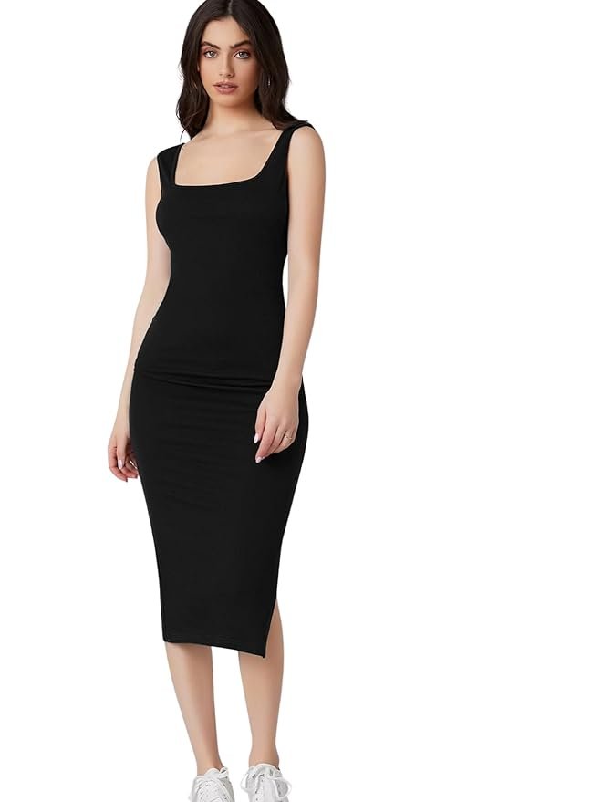 Black Square Neck Bodycon Midi Dress for Women - Image 2