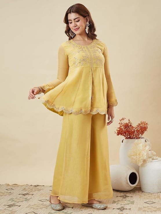 Pastel Yellow Embroidered Peplum Kurta Palazzo Set for Women - Image 2