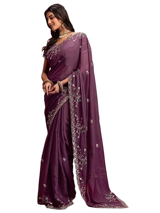 Purple Embroidered Saree for Women