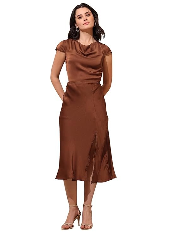 Chocolate Brown Satin Midi Dress for Women