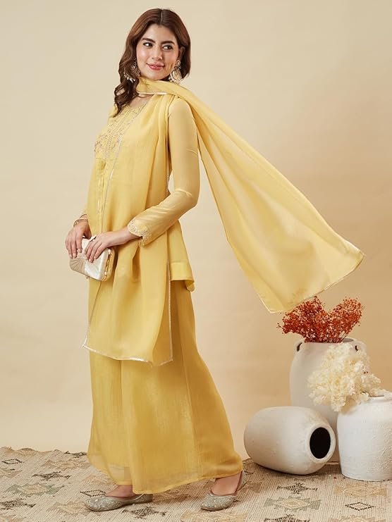Pastel Yellow Embroidered Peplum Kurta Palazzo Set for Women - Image 4