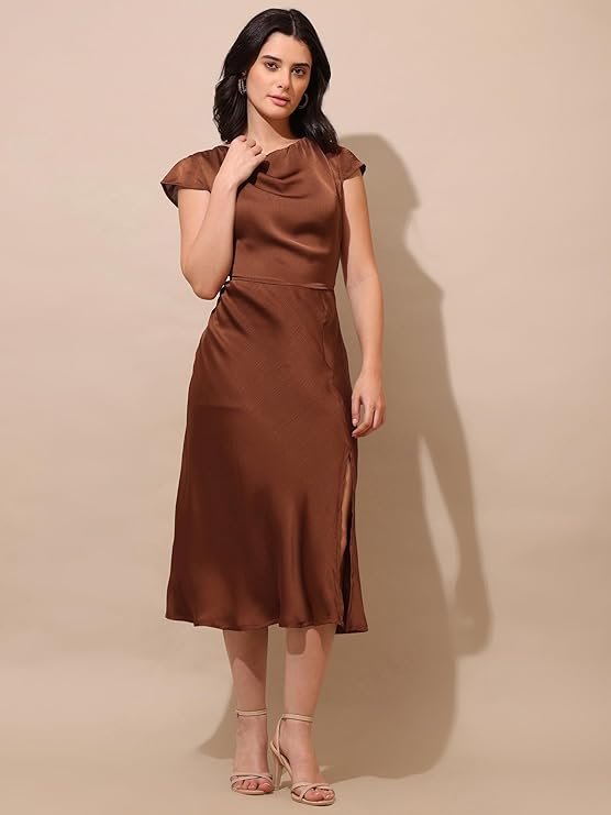 Chocolate Brown Satin Midi Dress for Women - Image 2