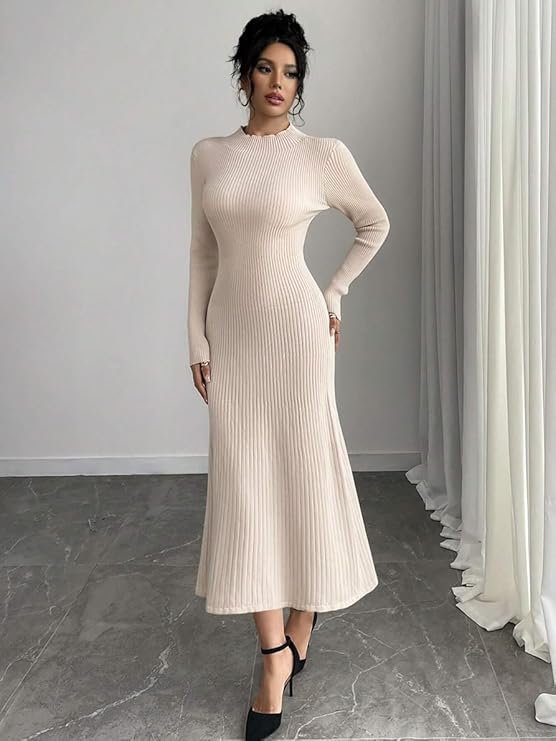 Elegant Beige Ribbed Knit Midi Dress for Women - Image 2