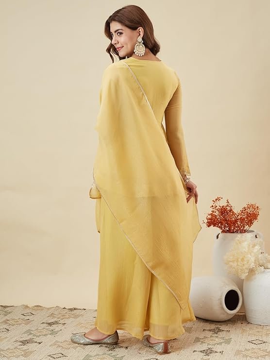 Pastel Yellow Embroidered Peplum Kurta Palazzo Set for Women - Image 5