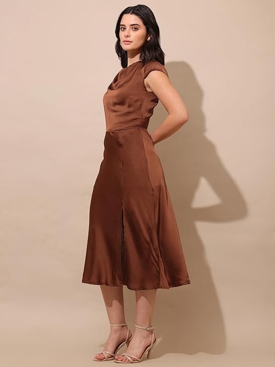 Chocolate Brown Satin Midi Dress for Women - Image 3