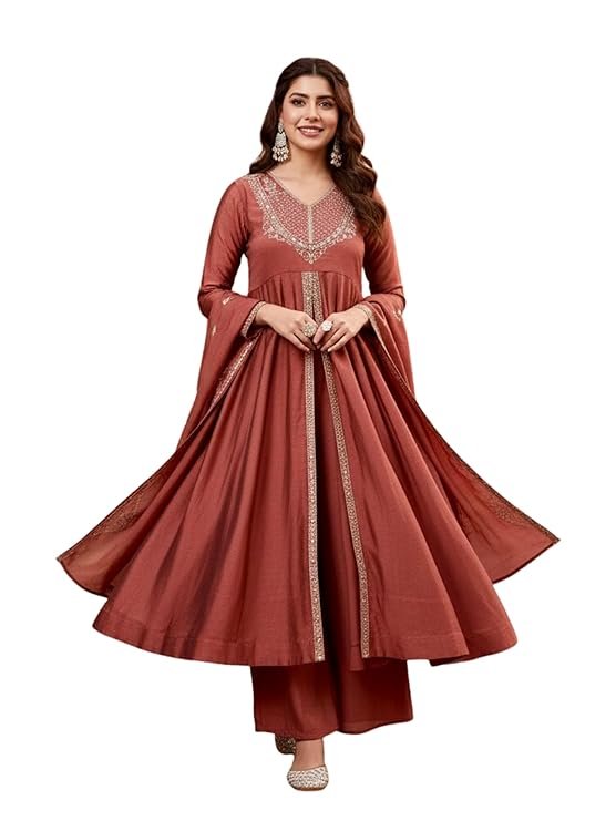 Rust Brown Embroidered Anarkali Kurta Palazzo Set for Women