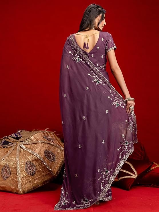 Purple Embroidered Saree for Women - Image 3
