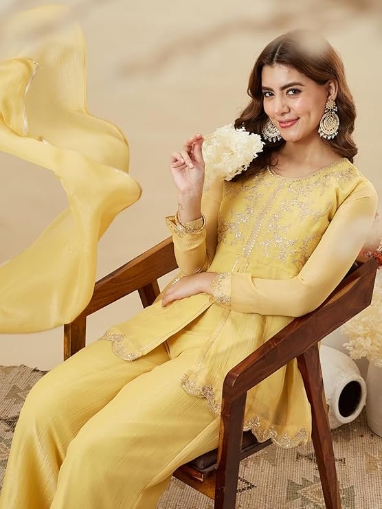 Pastel Yellow Embroidered Peplum Kurta Palazzo Set for Women - Image 3
