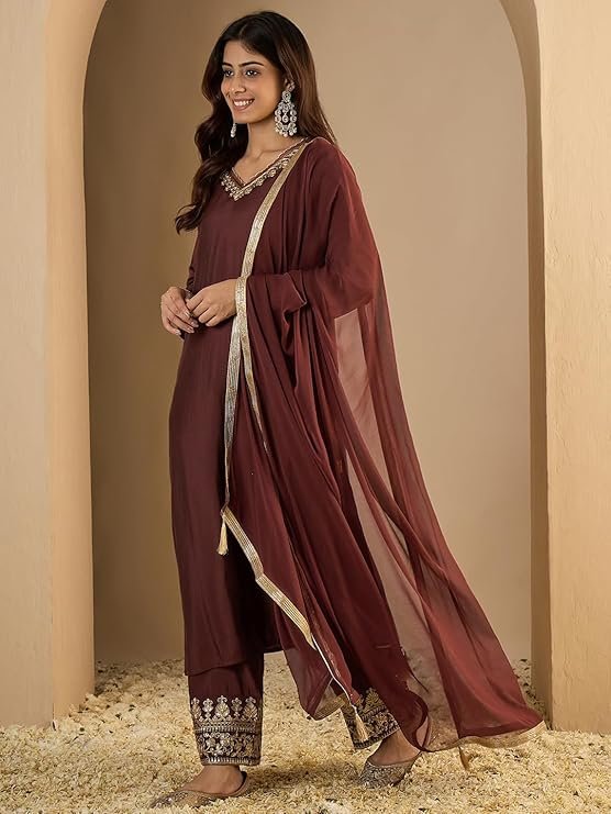 Wine Brown Kurta Pant Set for Women with Dupatta - Image 3