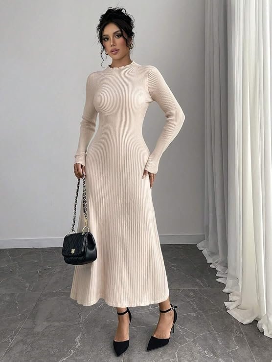 Elegant Beige Ribbed Knit Midi Dress for Women - Image 4