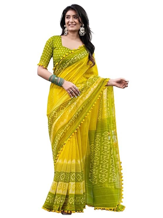 Yellow Green Saree with Tassel Border Designer Blouse