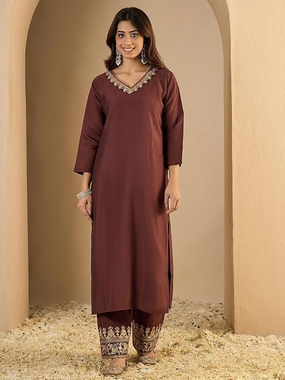 Wine Brown Kurta Pant Set for Women with Dupatta - Image 2