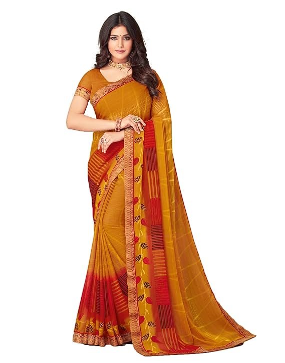 Mustard Yellow Printed Saree with Red Border & Designer Blouse | Traditional Festive Wear Saree