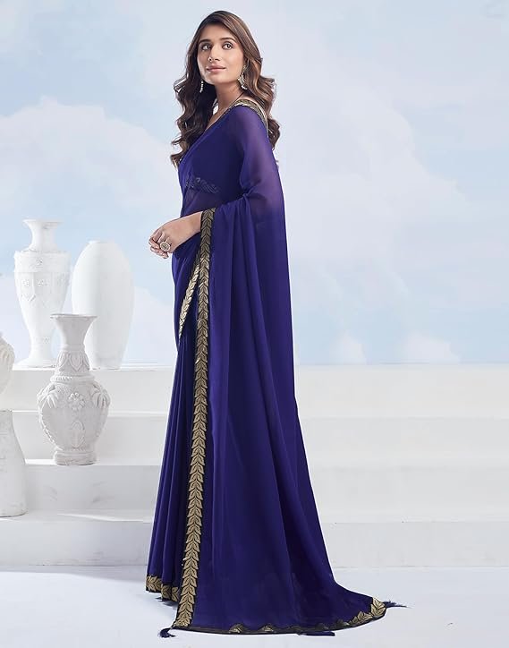 Royal Blue Saree with Gold Embroidered Border - Image 3