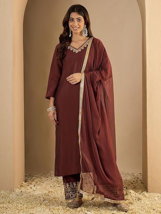 Wine Brown Kurta Pant Set for Women with Dupatta