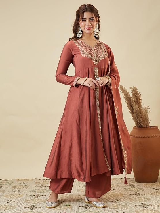 Rust Brown Embroidered Anarkali Kurta Palazzo Set for Women - Image 3