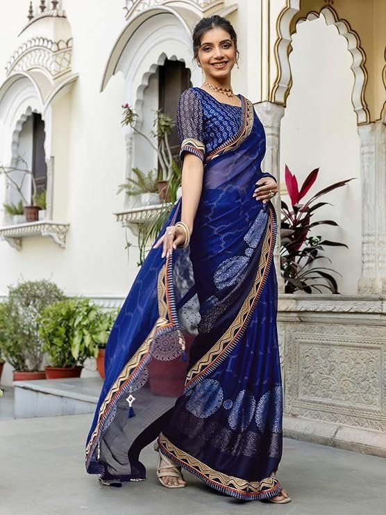 Women Royal Blue Printed Saree - Image 3