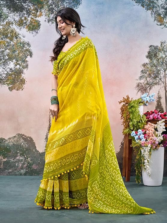 Yellow Green Saree with Tassel Border Designer Blouse - Image 3