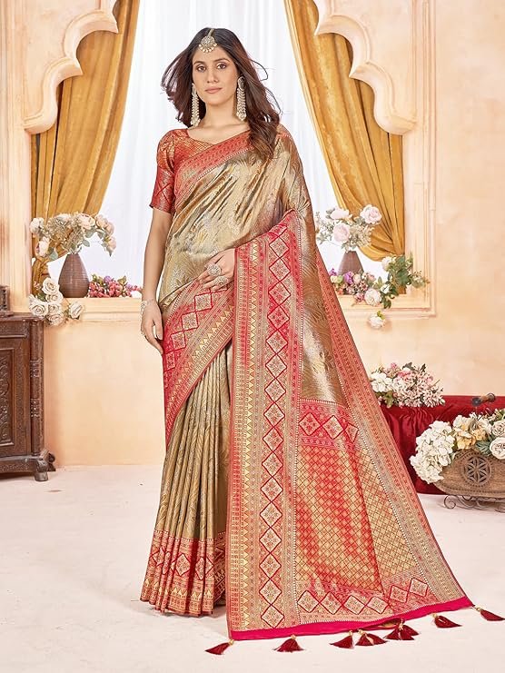 Golden Beige Banarasi Silk Saree with Red Zari Border | Luxury Wedding & Festive Wear Saree