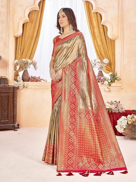 Golden Beige Banarasi Silk Saree with Red Zari Border | Luxury Wedding & Festive Wear Saree - Image 2