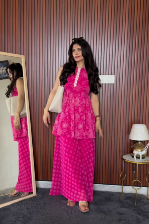 Women Pink Printed Peplum Kurta Palazzo Set