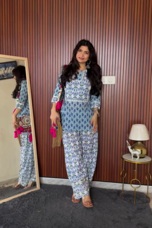 Women Blue Printed Kurta Palazzo Set