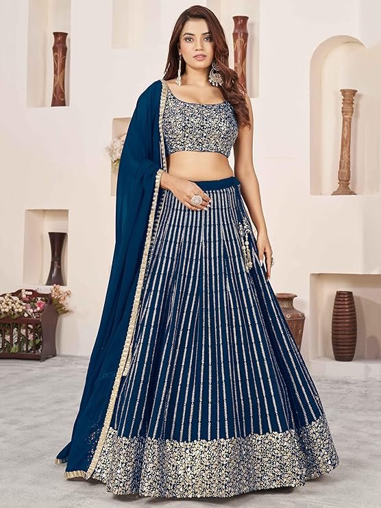 Navy Blue Embroidered Lehenga Choli with Dupatta