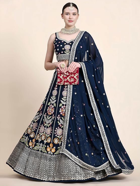 Navy Blue Embroidered Lehenga Choli with Dupatta - Image 4