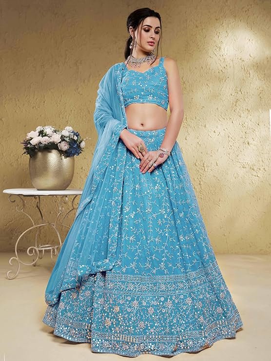 Sky Blue Embroidered Lehenga Choli with Dupatta - Image 4