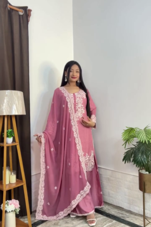 pink suit set embroidered kurta set palazzo suit