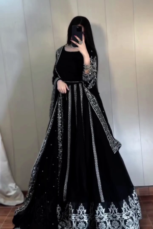 Women Black Embroidered Anarkali Gown with Dupatta