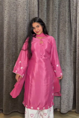 Women Pink Straight Kurta with Printed Palazzo & Dupatta Set