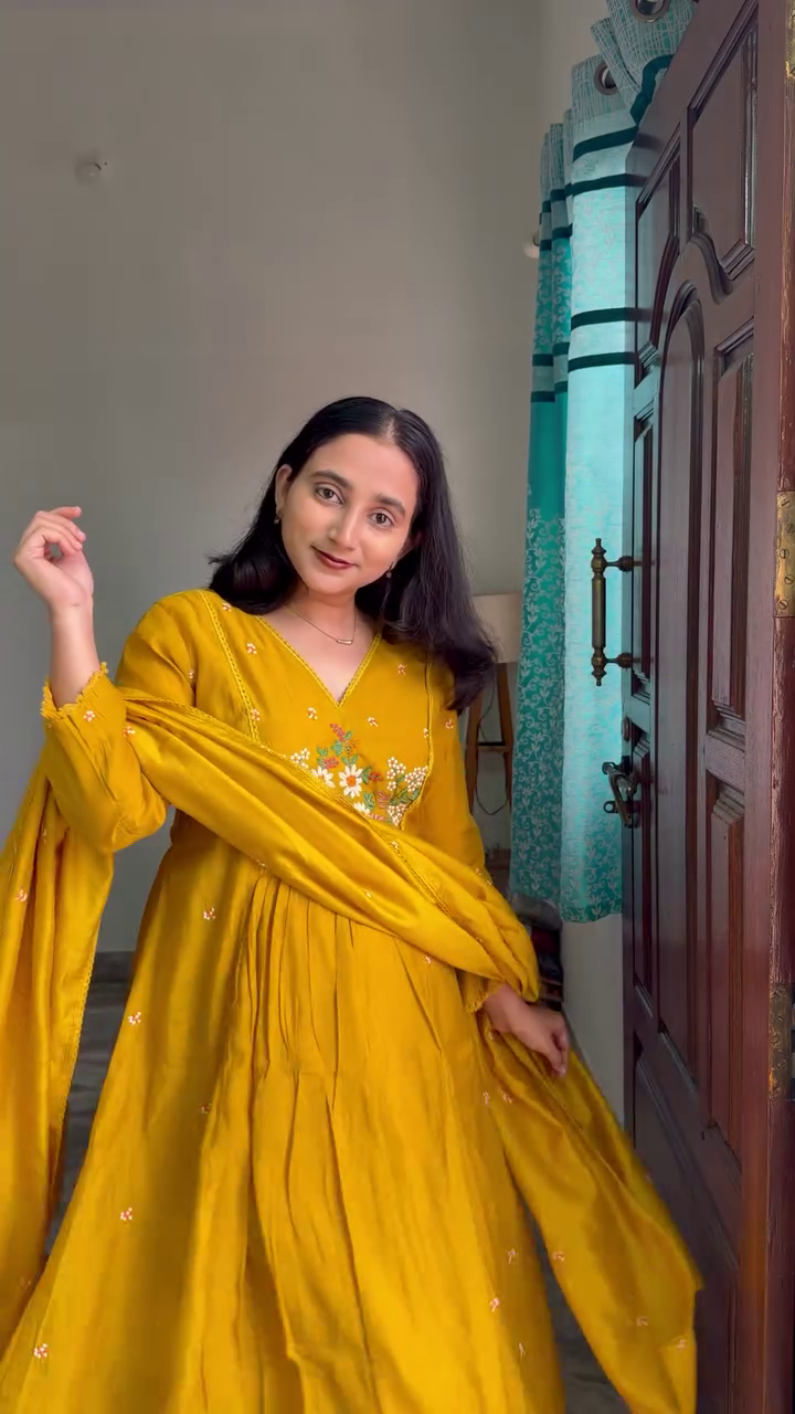 Women Mustard Yellow Embroidered Anarkali Kurta Dupatta Set - Image 2
