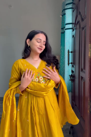 Women Mustard Yellow Embroidered Anarkali Kurta Dupatta Set
