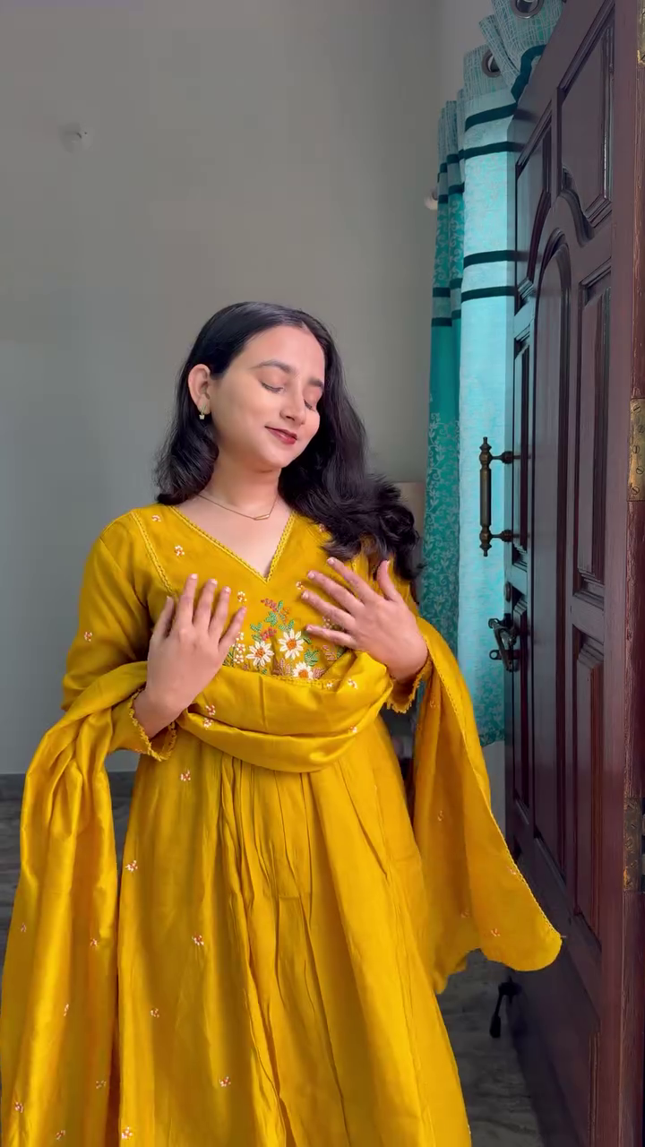Women Mustard Yellow Embroidered Anarkali Kurta Dupatta Set