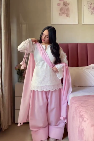 Women White Embroidered Kurta with Pink Palazzo  Dupatta Set